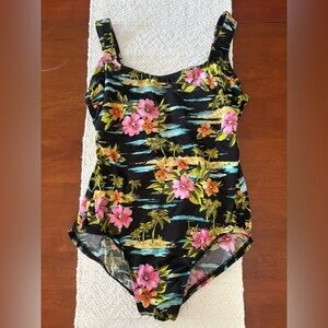 🩱 Vintage Longitude Scoopneck Floral Tank Crisscross Back Straps Swimsuit sz 12